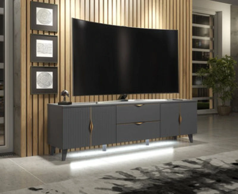 Image of Furneo Grey TV Stand 180Cm Unit Cabinet Azzurro 10G Brushed Gold Handles White LED Lights