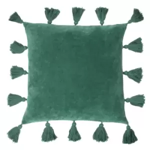 Image of Medina Velvet Tasselled Cushion Juniper Green, Juniper Green / 45 x 45cm / Polyester Filled