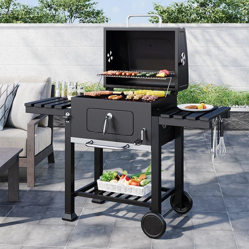 Image of Breeins Outdoor Steel BBQ Grill with Side Shelves Black L