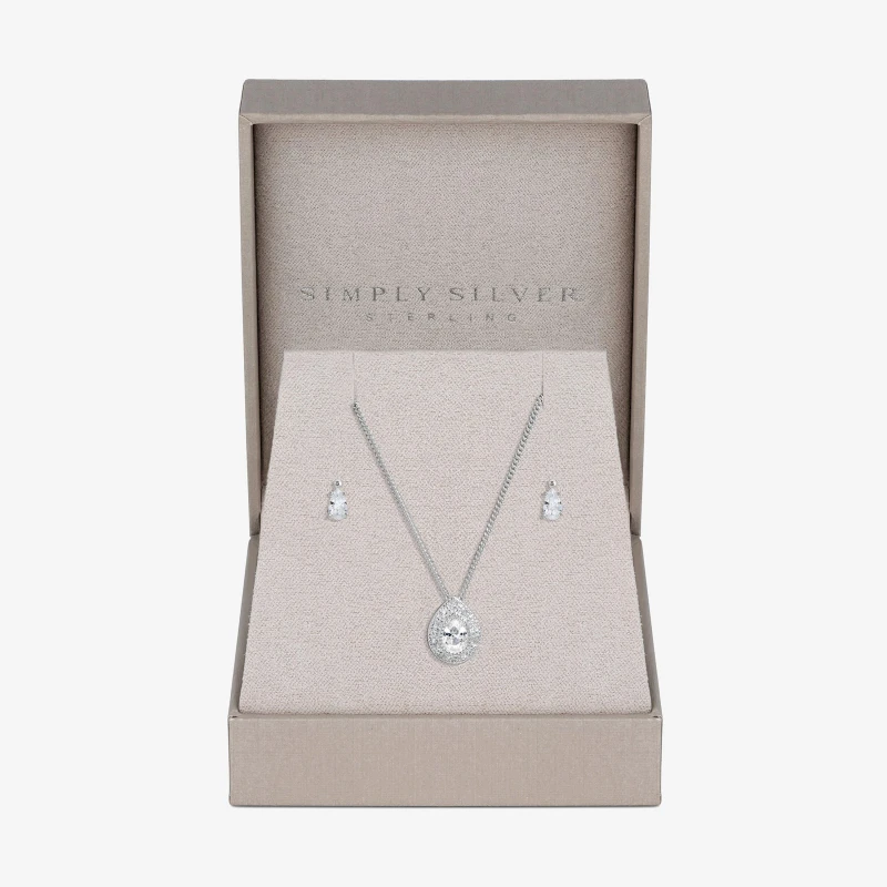 Image of Simply Silver Sterling Silver 925 Cubic Zirconia Pave Pear Set - Gift Boxed Silver