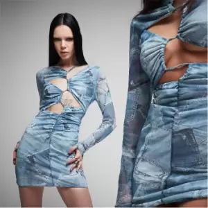 Image of Missguided Denim Print Cut Out Ruched Mini Dress - Blue