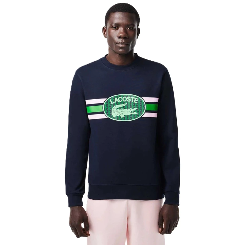 Image of Lacoste Mens Monogram Logo Knit Crew Neck Jumper Navy/Gelato male XS