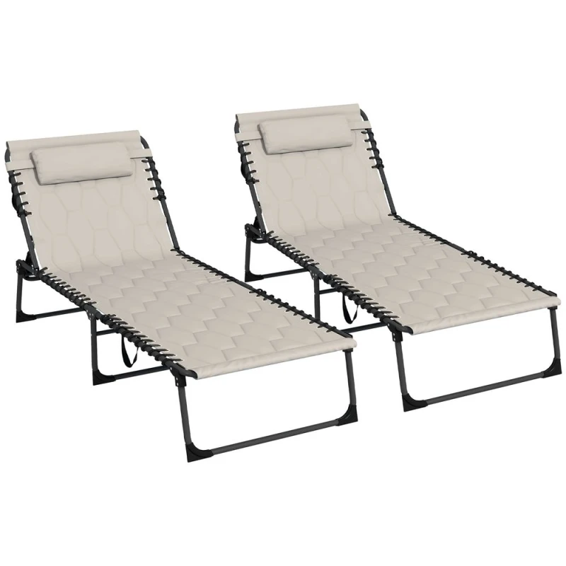 Image of Outsunny Foldable Sun Lounger Set, 2 Pieces Sun Lounger with Padded Seat Khaki 84G-268V71KK