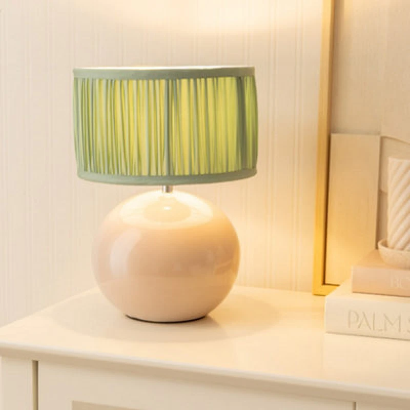 Image of ValueLights Bosco Stone Ceramic Table Lamp with Ruched Pleated Fabric Drum Lamp Shade Pale Green