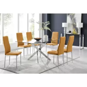 Image of Furniturebox UK - Furniturebox Leonardo 150cm Modern Glass And Chrome Metal Leg Dining Table And 6 Mustard Yellow Milan Faux Leather Silver Chrome