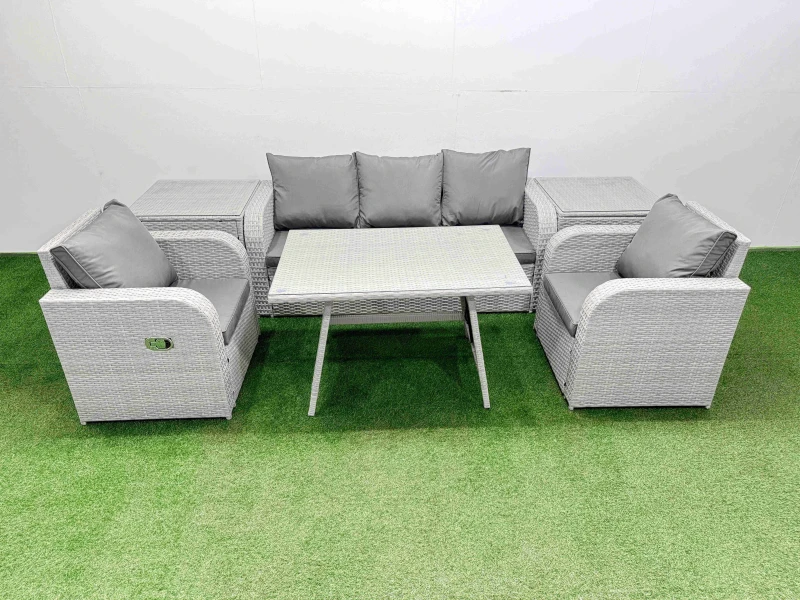 Image of Fimous Reclining Chair 3 Seat Sofa Set Garden Furniture Set 2 Side Tables in Light Grey Light Grey Unisex