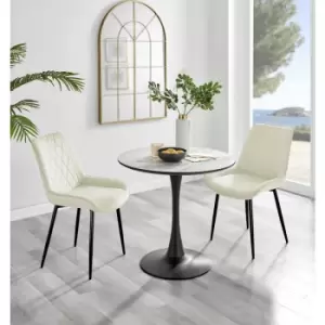 Image of Furniturebox UK - Furniturebox Elina White Marble Effect Modern 80cm Round Dining Table & 2 Cream Pesaro Black Leg Velvet Chairs
