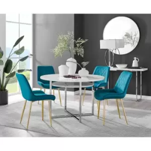 Image of Furniture Box Adley White High Gloss Storage Dining Table and 4 Blue Pesaro Gold Leg Chairs