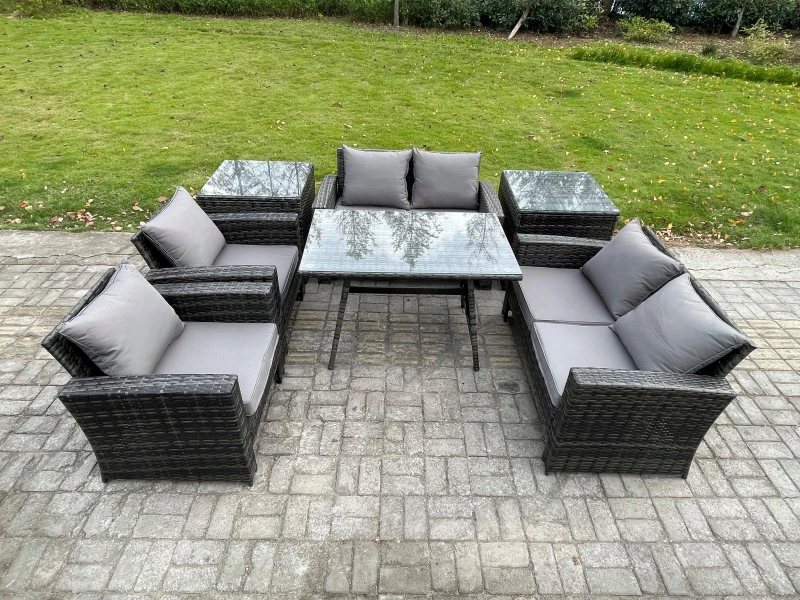 Image of Fimous Rattan Garden Furniture Set Patio Outdoor Lounge Sofa Set with Rectangular Dining Table Love Seat Sofa 2 Side Tables in Dark Grey Dark Grey Uni