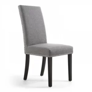 Image of Randall Stud Detail Linen Effect Dining Chair- Steel Grey with Black Legs