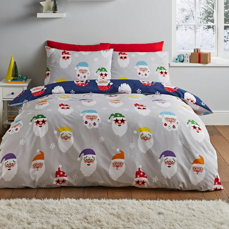 Image of Catherine Lansfield Christmas Santa Spec-Tacular Duvet Cover and Pillowcase Set Grey