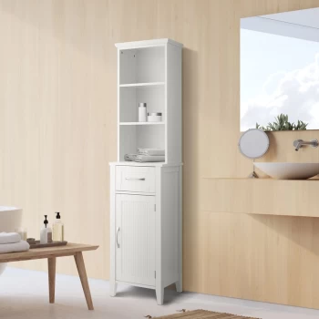 Image of Teamson Home Wooden Bathroom Furniture Tall Cabinet Free Standing Linen Tower Shelves & Drawer White EHF-F0006 - White
