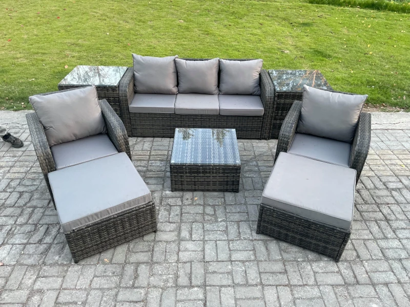 Image of Fimous Patio Garden Furniture Sets Wicker 7 Seater Outdoor Rattan Furniture Sofa Sets with Square Coffee Table 2 Side Tables Dark Grey unisex