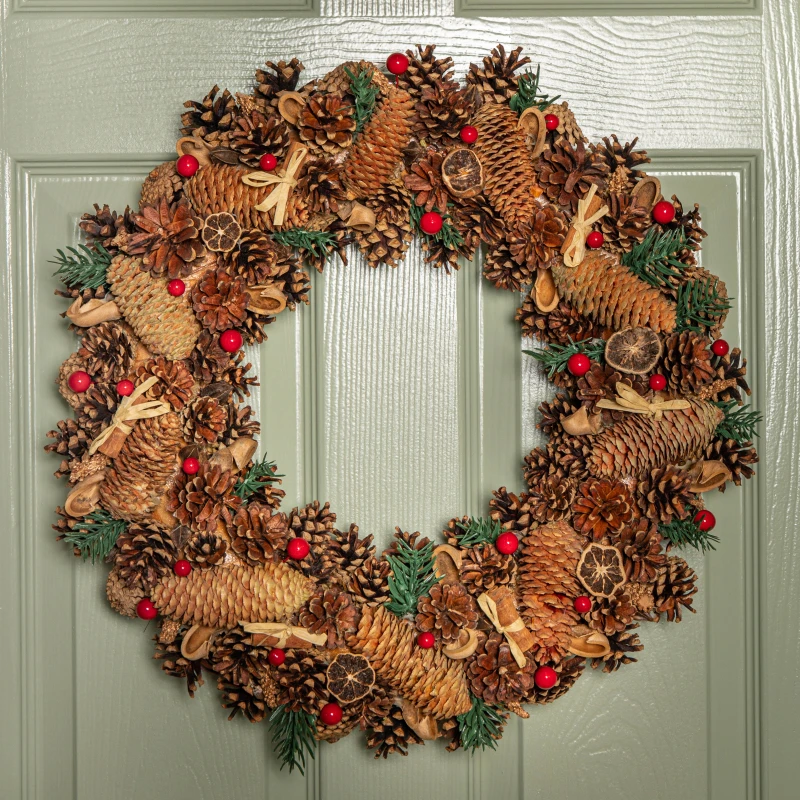 Image of 50cm Winter Spice Hanging Christmas Wreath with Pine Cones Red Berries & Dried Fruit