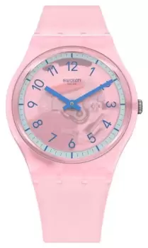 Image of Swatch SVHP100-5300 Pink PAY! Unisex Pink Semi-Transparent Watch