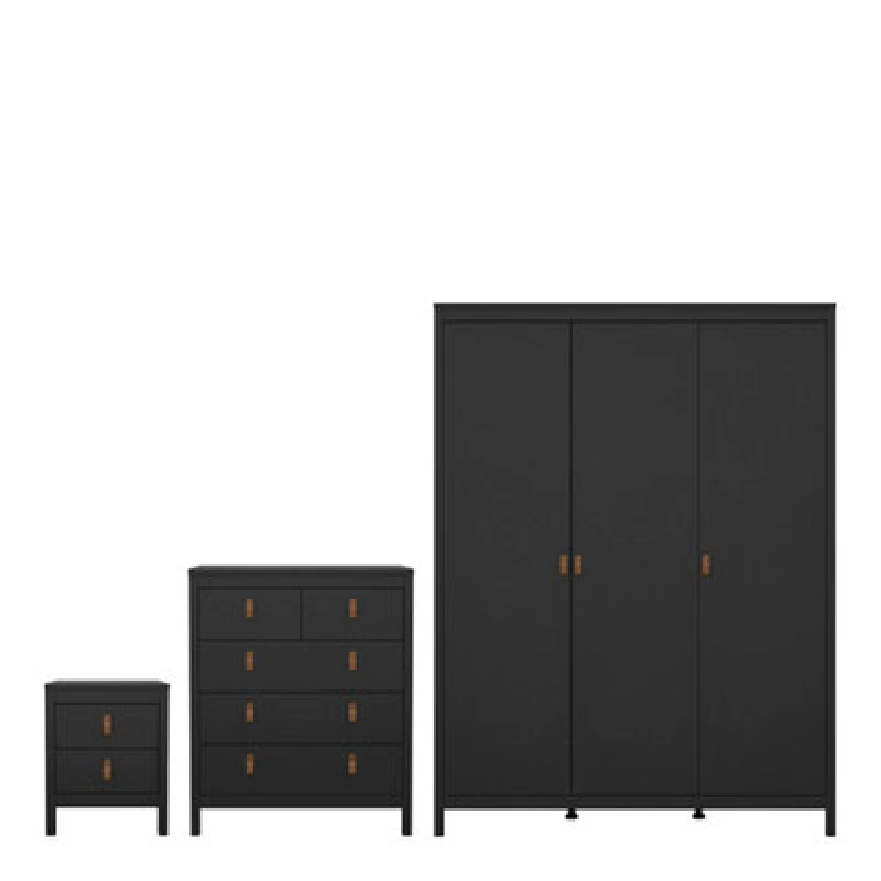 Image of Furniture To Go Barcelona 3 Piece Bundle, Bedside, Chest And 3 Door Wardrobe In Matt Black