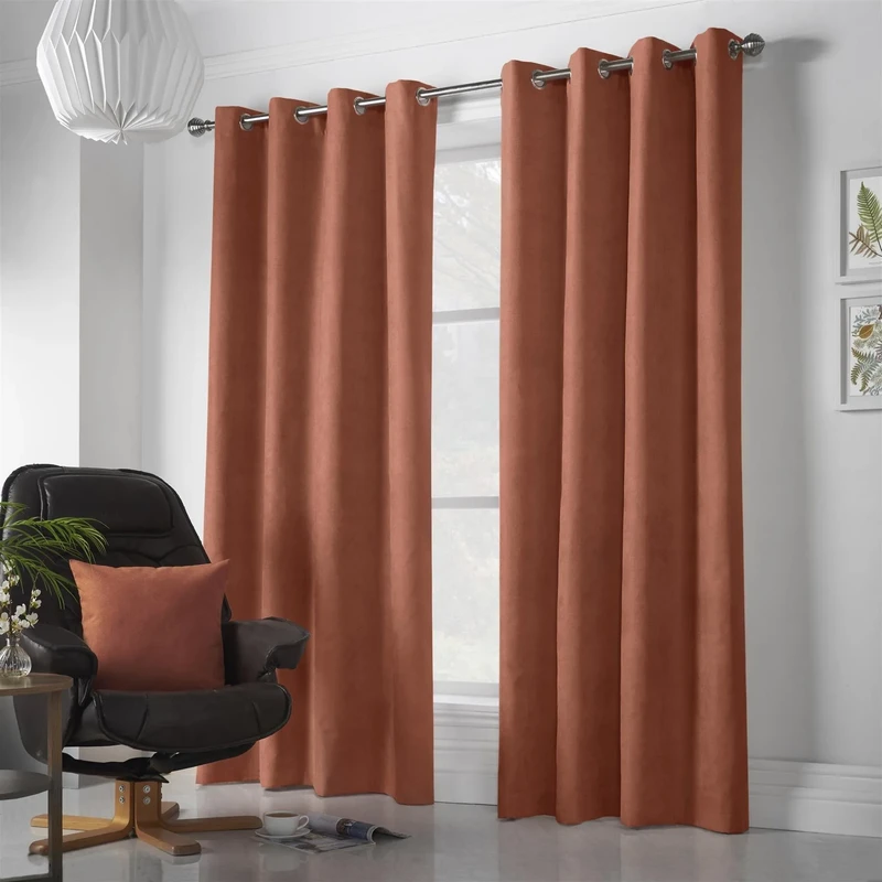 Image of Velvet Chenille Ready Made Eyelet Curtains Orange