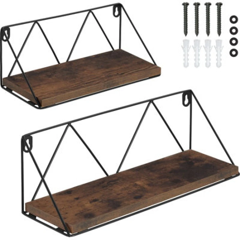 Image of Tectake Wall Shelves - Set Of 2, Wooden, Decorative Metal Brackets, High Load-Capacity - Industrial Wood Dark, Rustic