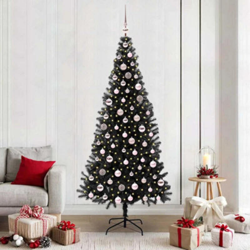 Image of vidaXL Christmas Tree with 300 LEDs, Pink Balls with Stand Black 210cm PVC, Black 3396489