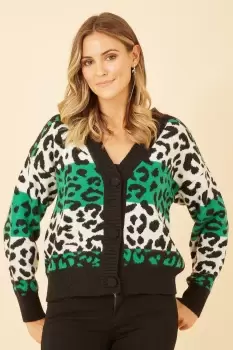 Image of Green Animal Stripe Intarsia Knitted Cardigan