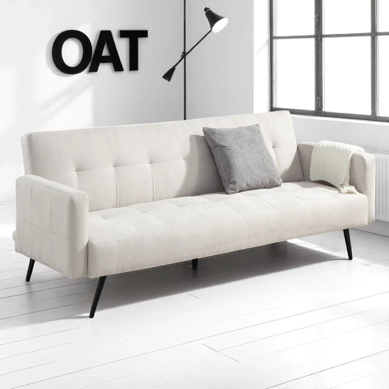 Image of OAT Home Hayle Fabric Upholstered 3 Seater Large Single Clic-Clac Sofa Bed in Natural Natural Unisex 3 Seater