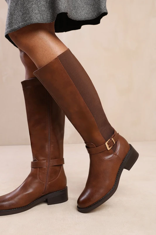 Image of Where's That From Womens 'Bode' Knee High Boots With Buckle Detail in Brown Size: 5 Brown Female 5