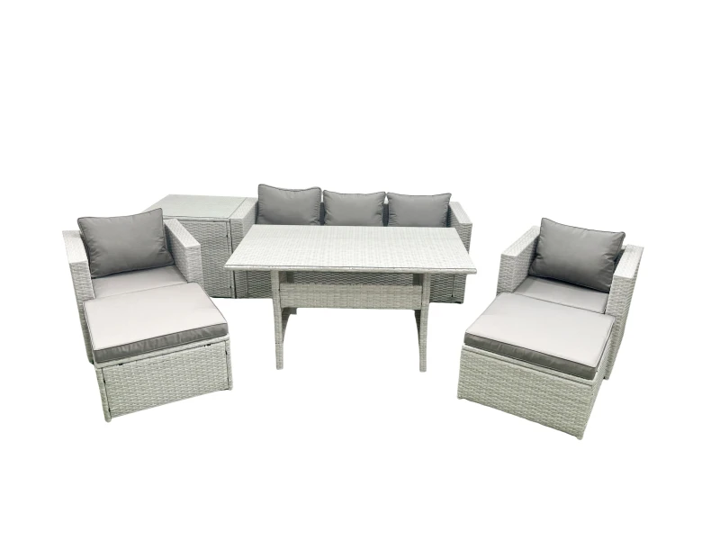 Image of Fimous Garden Dining Set Outdoor Rattan Furniture Set with Sofa Dining Table 2 Chairs 2 Big Footstools Side Table Light Grey Mixed Light Grey