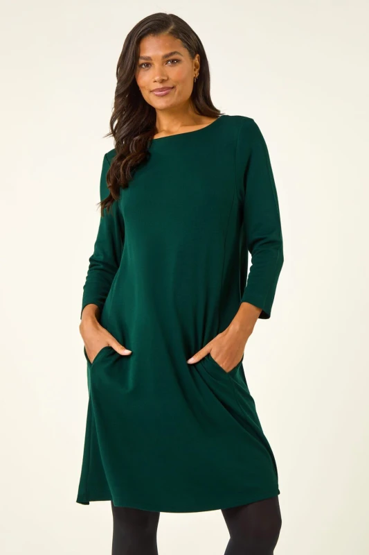 Image of Roman A-Line Pocket Detail Swing Dress Bottle Green