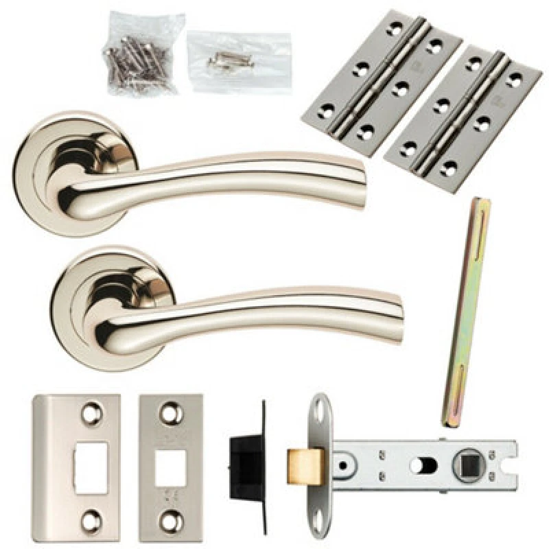 Image of Loops Door Handle & Latch Pack Polished Nickel Flared Lever Screwless Round Rose Metallics