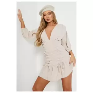 Image of I Saw It First Woven Ruched Detail Puff Sleeve Mini Dress - Brown