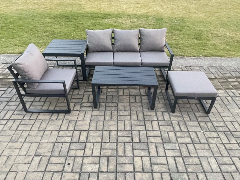 Image of Fimous Aluminium 5 Pieces Garden Furniture Sofa Set with Cushions 5 Seater Outdoor Patio Set with Armchair Big Footstool Side Table Dark Grey Dark Gre