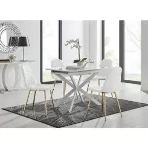 Image of Lira 100 Extending Dining Table and 4 White Corona Faux Leather Dining Chairs with Gold Legs Diamond Stitch - White