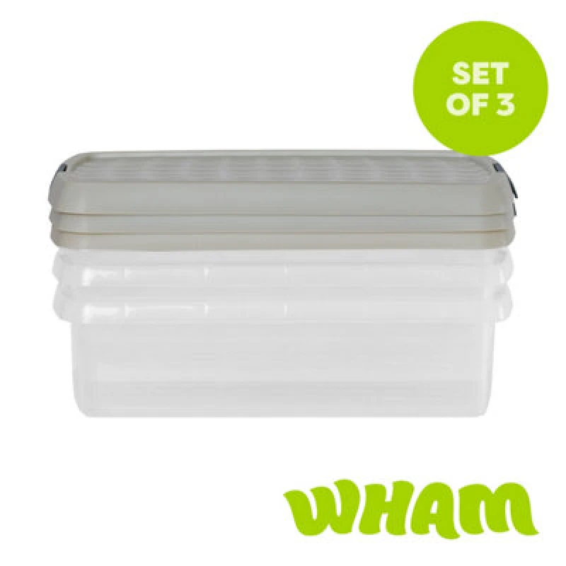 Image of Wham Clip 3 X 7L Rectangular Plastic Storage Boxes With Clip Lock Lids. Ideal For Home, Office, Toys & More - Clear/stone