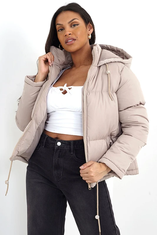 Image of Brave Soul Womens Padded Short Hooded Jacket in Stone Size: 14 Stone Female 14