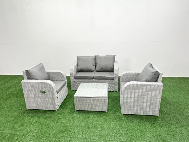Image of Fimous Light Grey PE Wicker Rattan Garden Furniture Set Sofa Set Reclining Adjustable Chair Square Coffee Table 4 Seater Light Grey