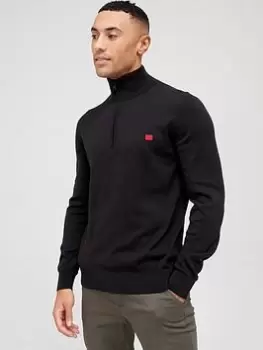 Image of HUGO San Quintus Quarter Zip Knitted Jumper - Black, Size L, Men