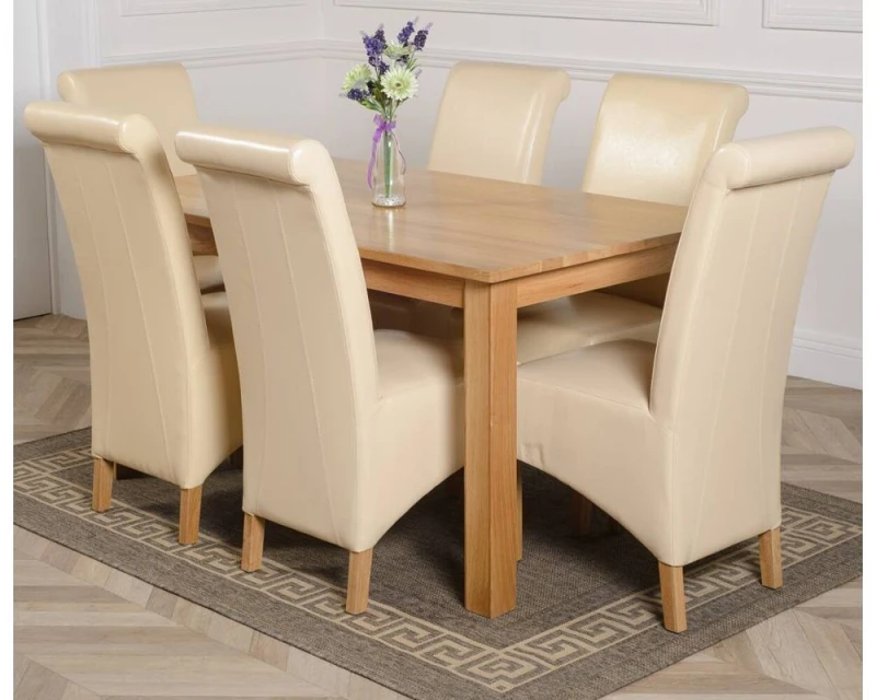 Image of Thats Furniture Oslo 150 x 90cm Medium Oak Dining Table & 6 Montana Leather Chairs in Cream Cream Unisex 150 x 90 cm