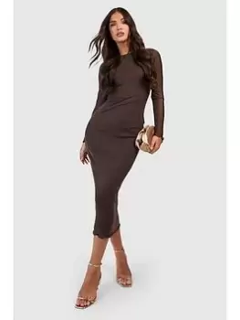 Image of Boohoo Mesh Long Sleeve Midaxi Dress - Chocolate, Brown, Size 16, Women