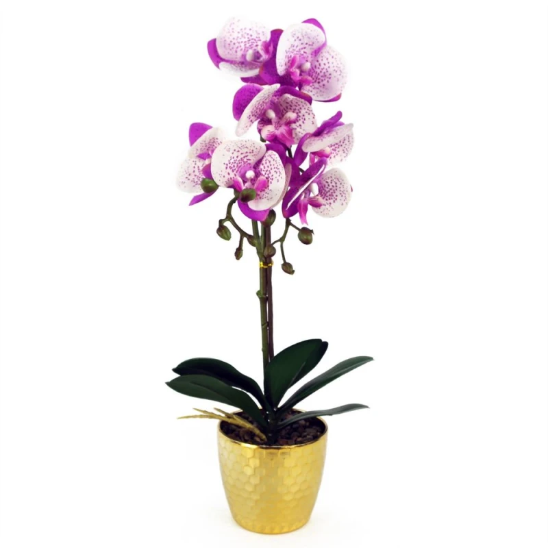 Image of Leaf 50cm Phalaenopsis Orchid Artificial - Purple / White - Gold Pot Pink unisex