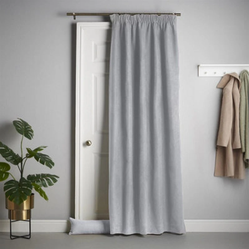 Image of Luxury Living Velvet Chenille Thermal Fleece Lined Pencil Pleat Top Door Curtain 137Cm X 213Cm Silver