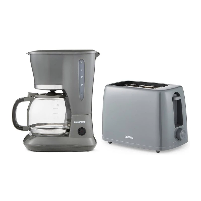 Image of Geepas 1.5L Filter Coffee Machine & 2 Slice Toaster Combo Set in Grey Grey Unisex