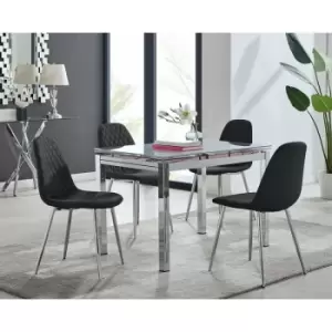 Image of Enna White Glass Extending Dining Table and 4 Black Corona Faux Leather Dining Chairs with Silver Legs Diamond Stitch - Black