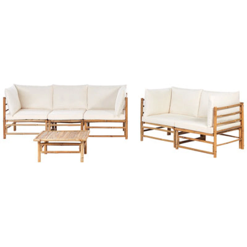 Image of Beliani Garden Lounge Set With Table 5 Seater Cerreto Bamboo Wood Off-White