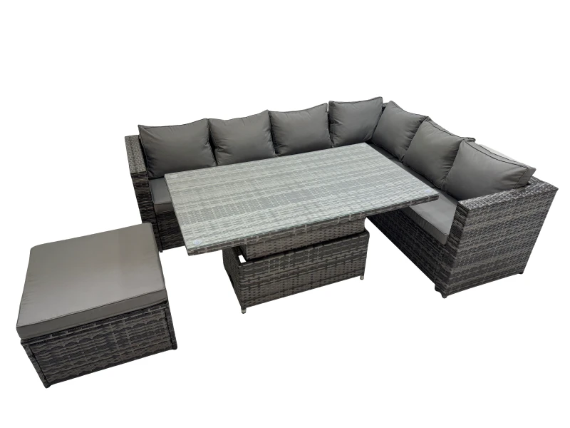 Image of Fimous 7 Seater Rattan Corner Sofa Sets with Big Footstool Dark Grey Mixed Dark Grey Unisex