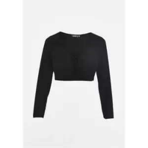 Image of Missguided Cropped Tie Front Ls Top - Black