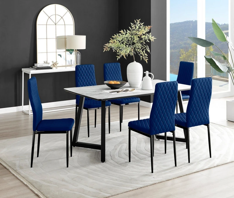 Image of FurnitureboxUK FurnitureboxUK Carson White Marble Effect Dining Table & 6 Velvet Milan Black Leg Chairs in Navy Navy One Size Unisex 5056657145095