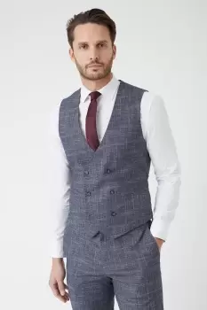 Image of Slim Fit Navy Textured Pow Check Waistcoat