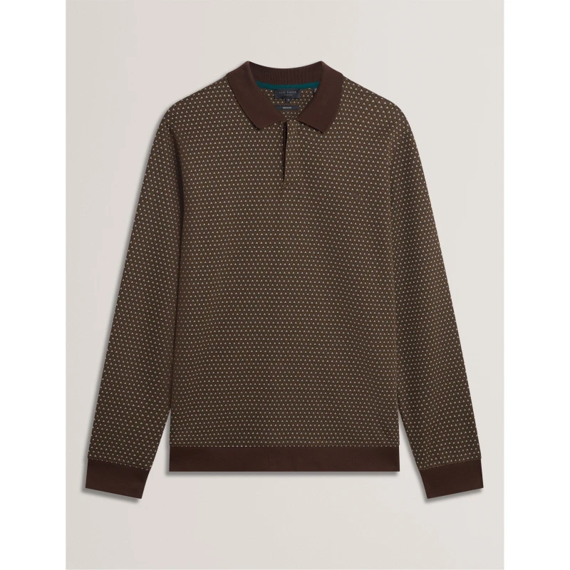 Image of Ted Baker Mens Jacquard Long Sleeve Polo Shirt Brown-Tan male S (2)