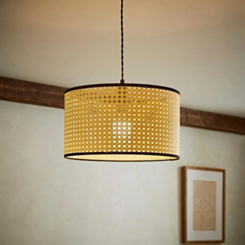 Image of ValueLights ValueLights Reni Natural Cane with Black Trim Easy Fit Drum Ceiling Lamp Shade Size: Medium Natural Medium Unisex 5016529263012