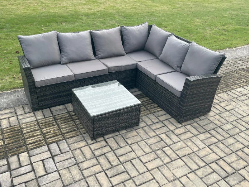 Image of Fimous 6 Seater Wicker PE Outdoor Garden Furniture Set High Back Rattan Corner Sofa Set with Armchair Square Coffee Table in Dark Grey Dark Grey Unise